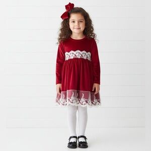 Kid’s Stretch Velvet Wine & Lace Trim Dress